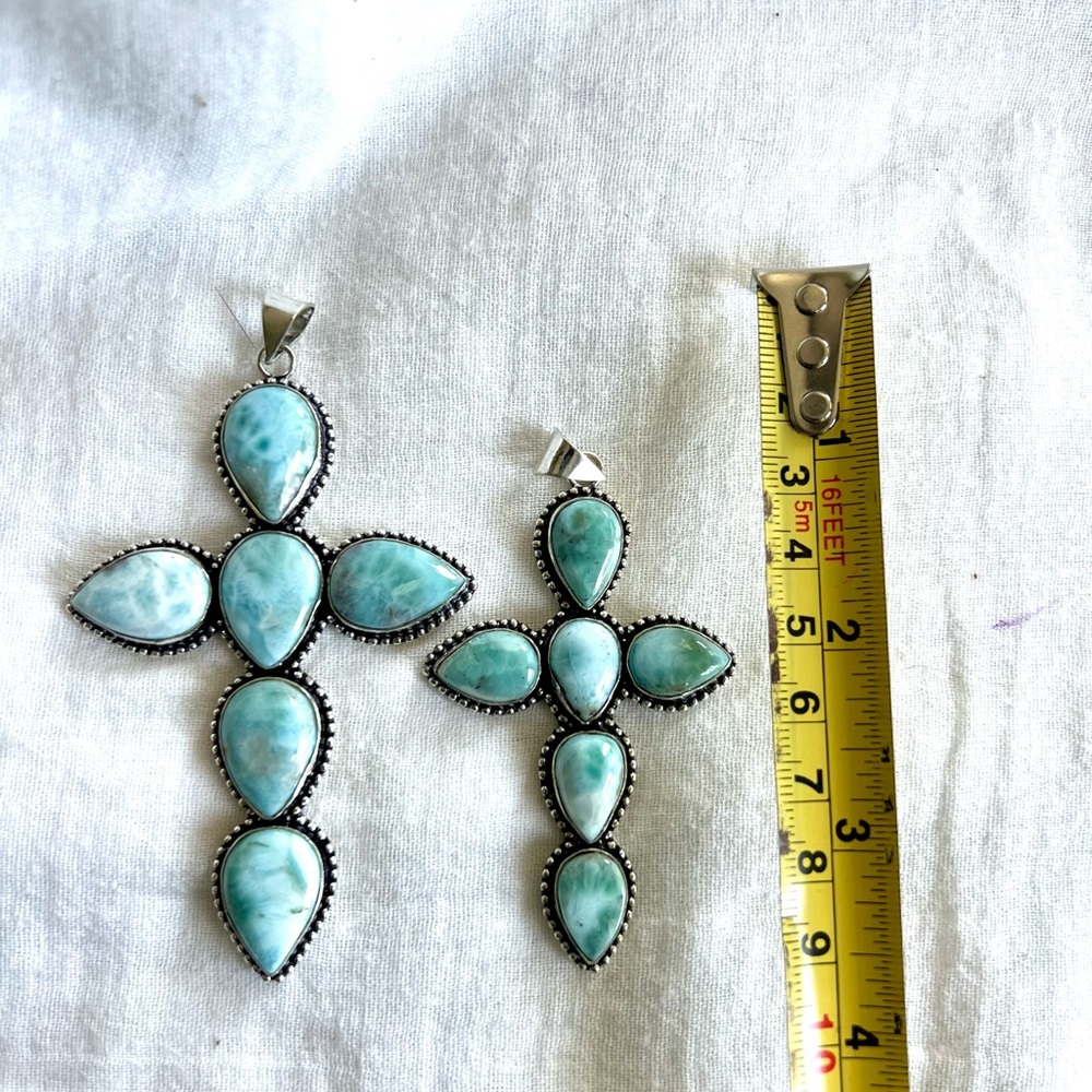 925 Calming Caribbean Larimar Cross Necklace Pendant (you choose size!) - Picture 9 of 9